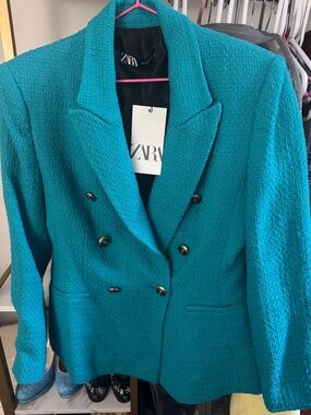 ZARA turquoise cotton tweed blazer